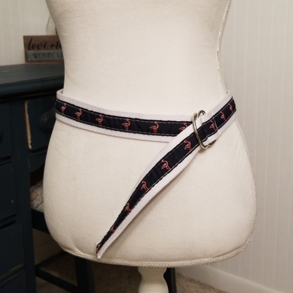 Flamingo Canvas Web Belt‎ D Ring Buckle Women's Size 7 9 Navy Pink